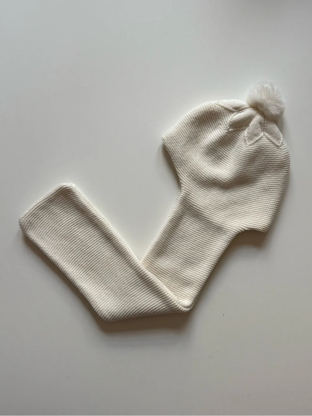 Jacadi Baby Girl Bertille Knit Soft White Scarf Hat with Pom Pom - Size 36M
